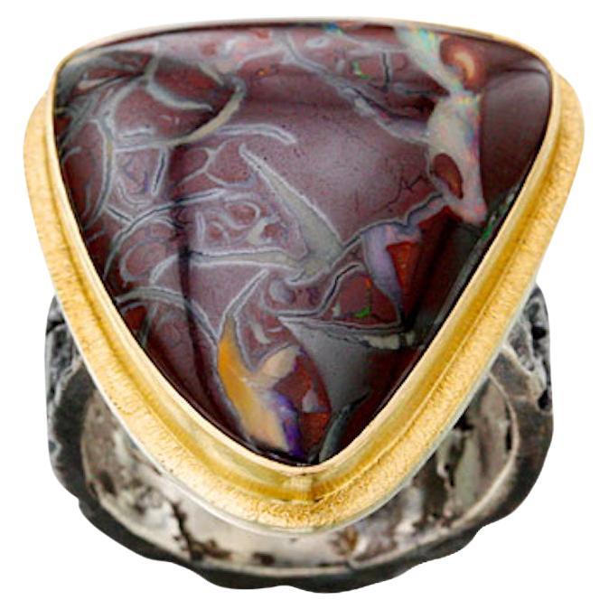 Steven Battelle 23.3 Carats Koroit Boulder Opal Oxidized Sterling 18K Gold Ring For Sale