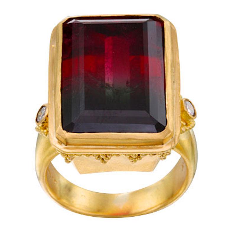 Steven Battelle 23.5 Carats Watermelon Tourmaline Diamonds 22K Gold Ring For Sale 4