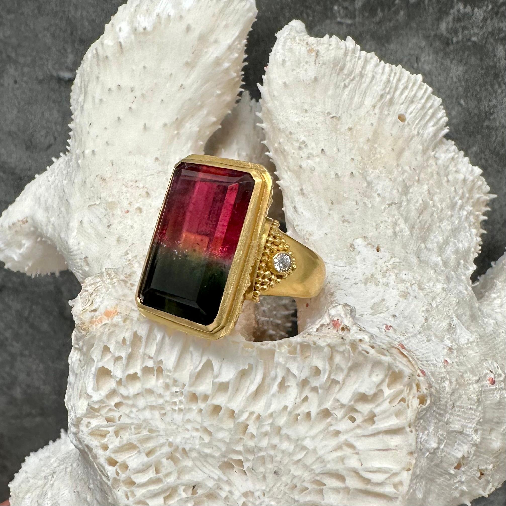 Rose Cut Steven Battelle 23.5 Carats Watermelon Tourmaline Diamonds 22K Gold Ring For Sale