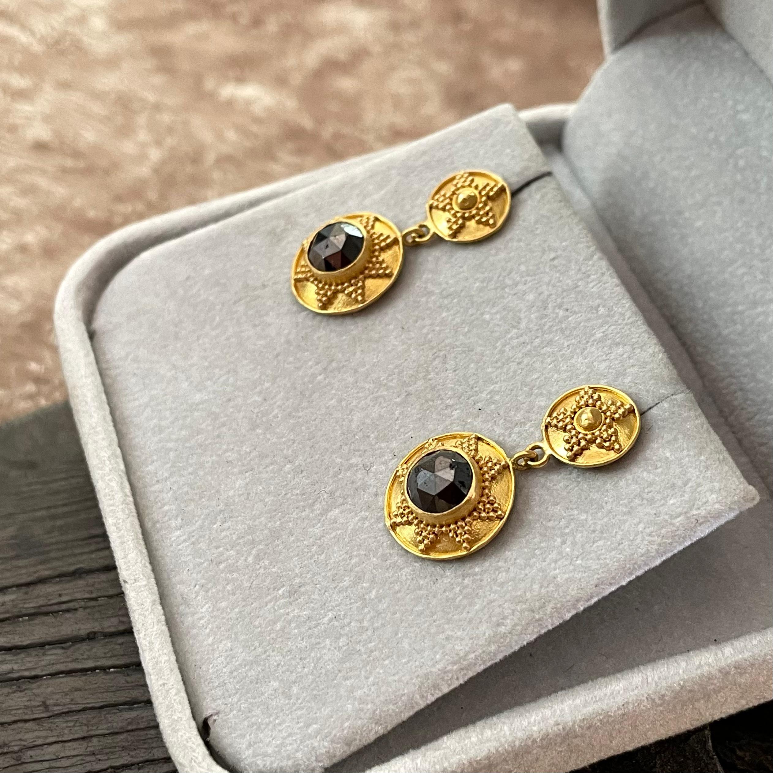 Rose Cut Steven Battelle 2.4 Carats Black Diamond 22K Gold Post Earrings For Sale