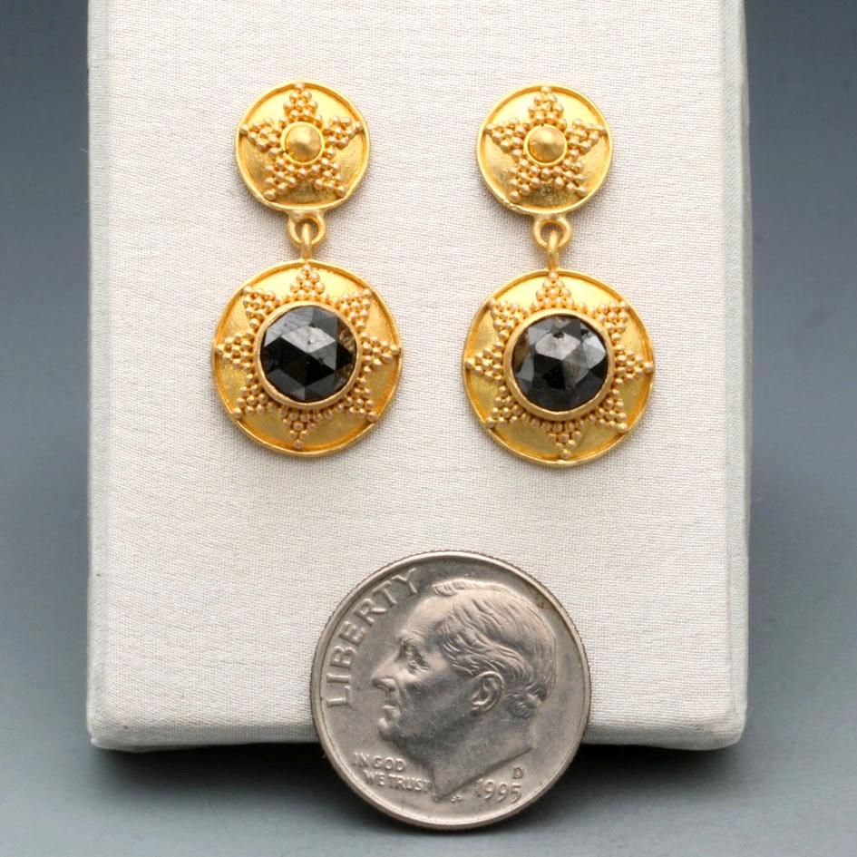 Steven Battelle 2.4 Carats Black Diamond 22K Gold Post Earrings For Sale 2