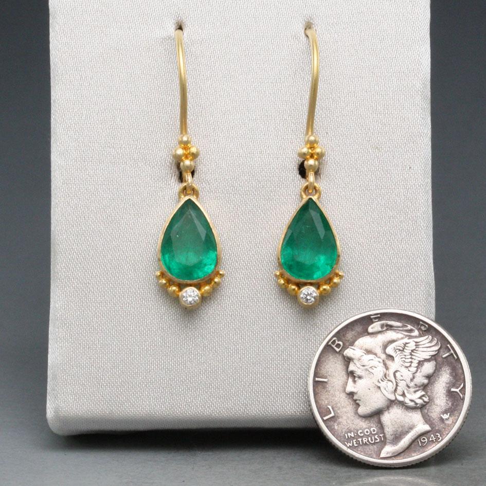 Women's Steven Battelle 2.4 Carats Emerald Diamond 18K Gold Wire Earrings