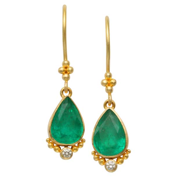 Steven Battelle 2.4 Carats Emerald Diamond 18K Gold Wire Earrings For ...