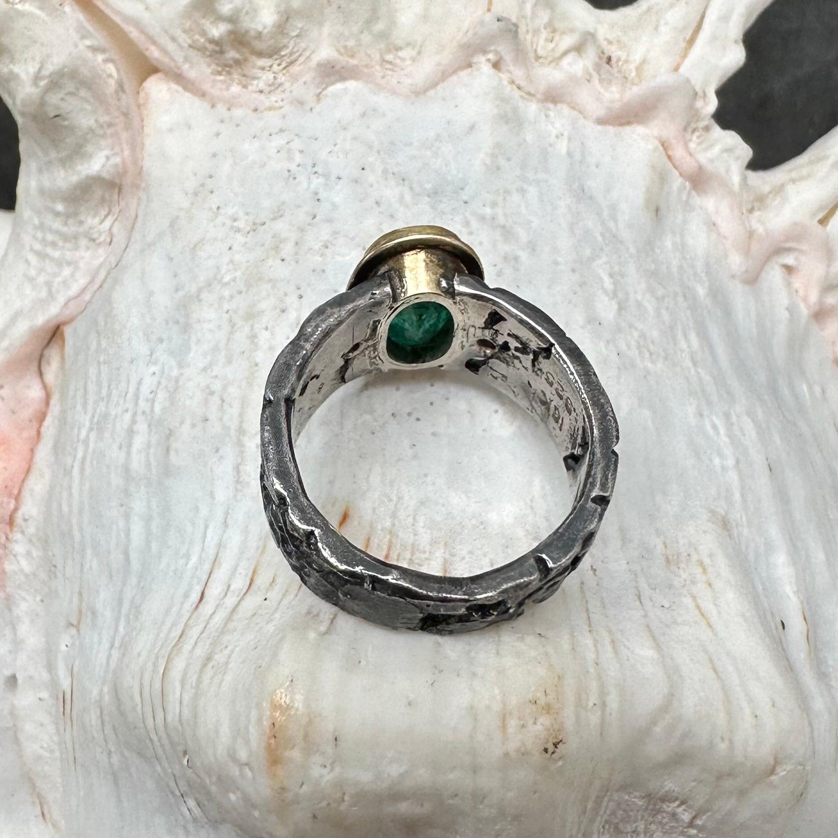 Steven Battelle 2.4 Carats Emerald Diamond Oxidized Silver 18K Gold Ring For Sale 7