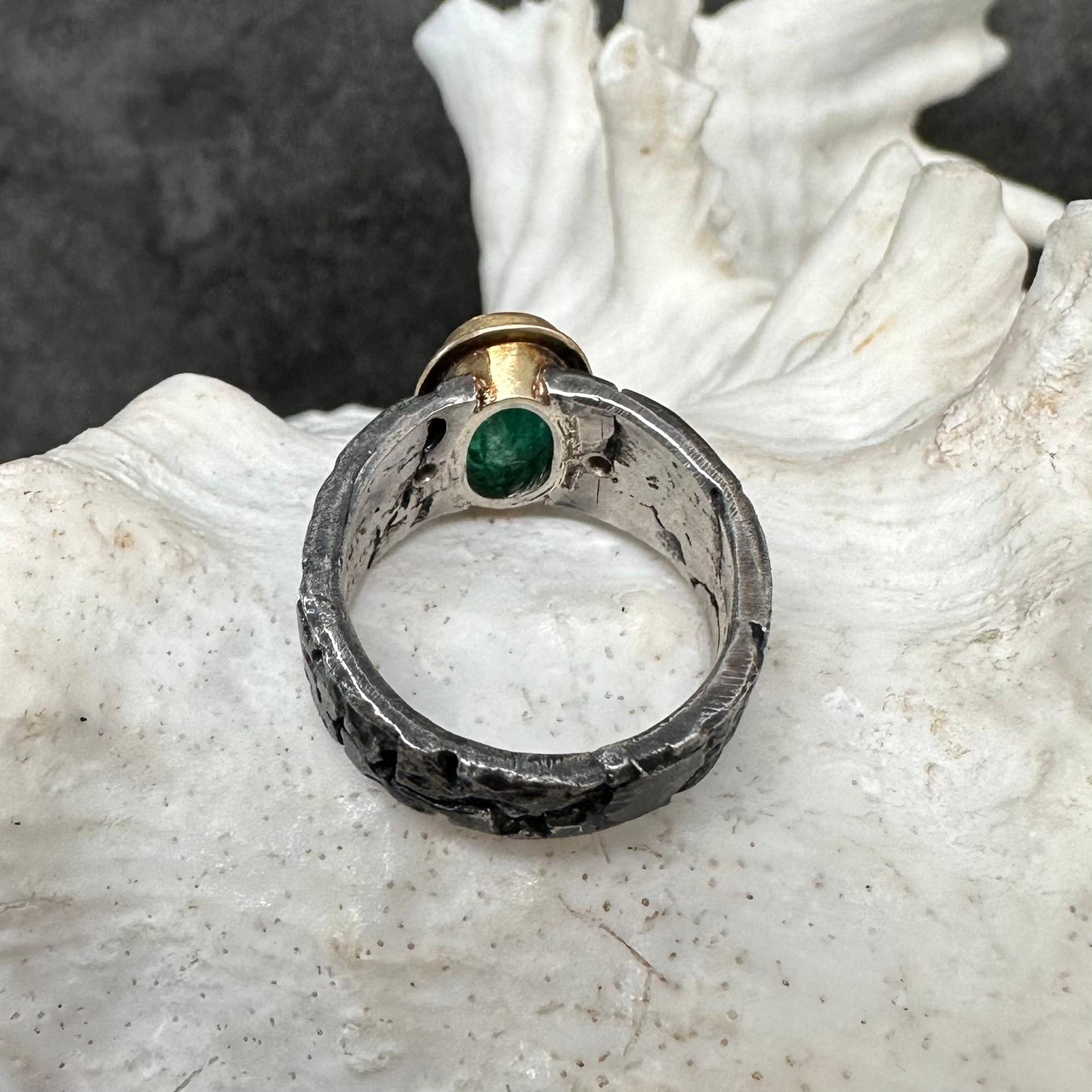 Steven Battelle 2.4 Carats Emerald Diamond Oxidized Silver 18K Gold Ring For Sale 1