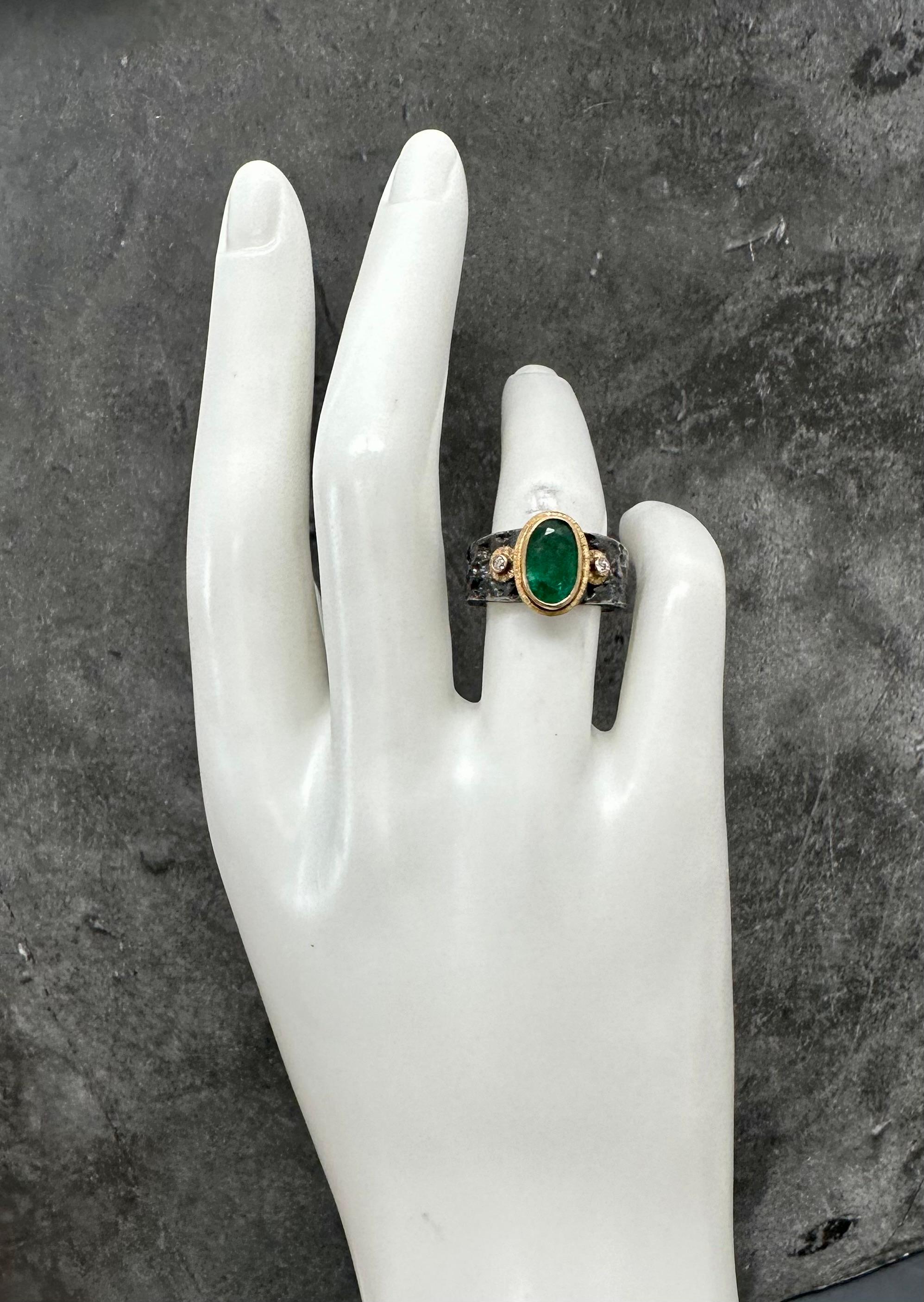 Steven Battelle 2.4 Carats Emerald Diamond Oxidized Silver 18K Gold Ring For Sale 2