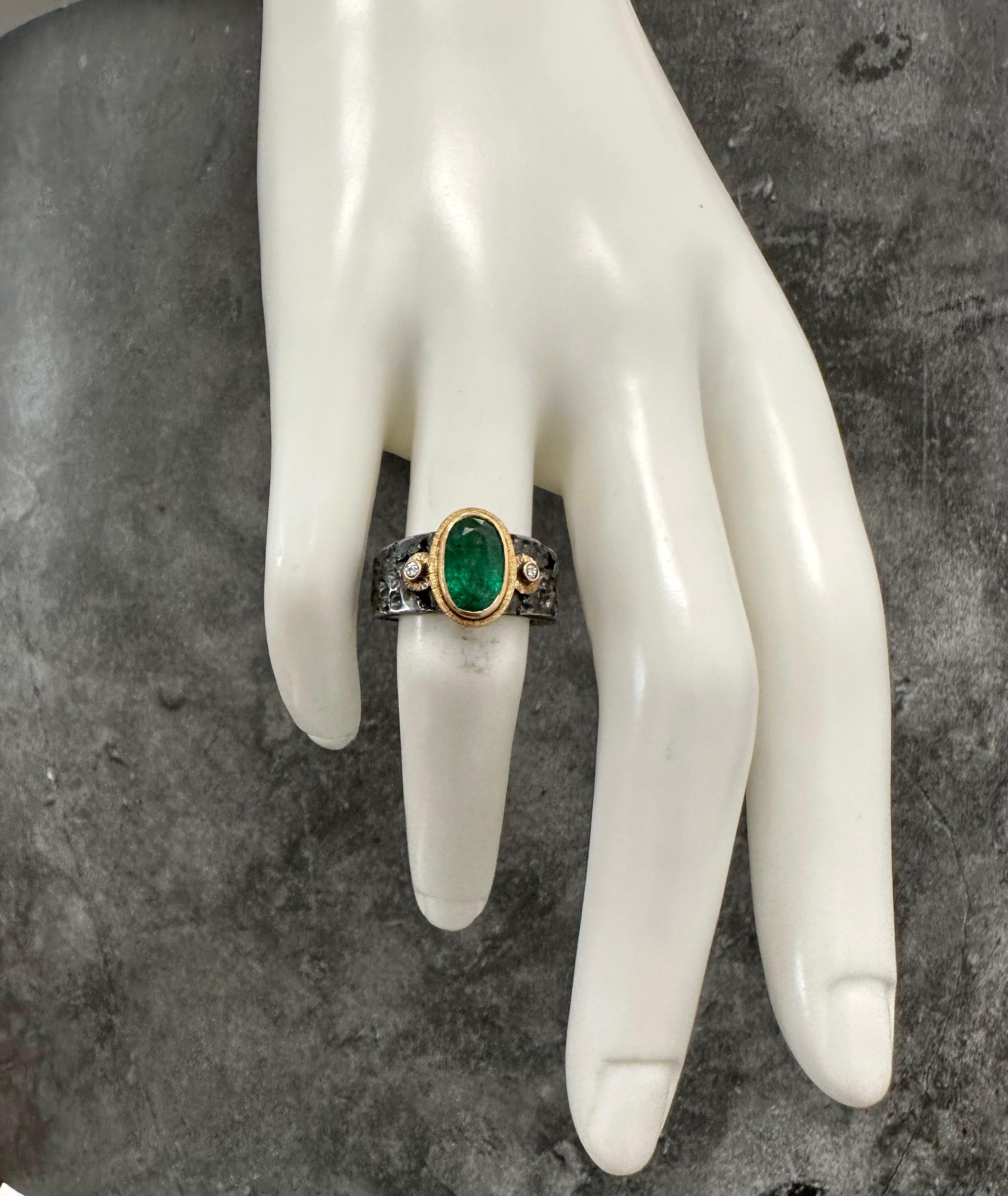 Steven Battelle 2.4 Carats Emerald Diamond Oxidized Silver 18K Gold Ring For Sale 3