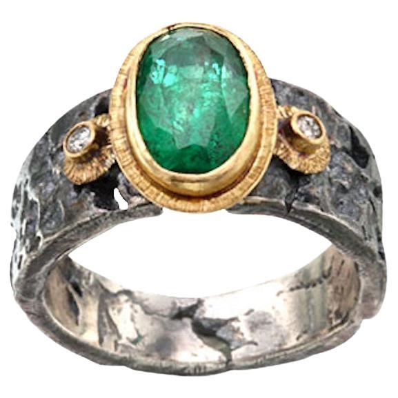 Steven Battelle 2.4 Carats Emerald Diamond Oxidized Silver 18K Gold Ring For Sale