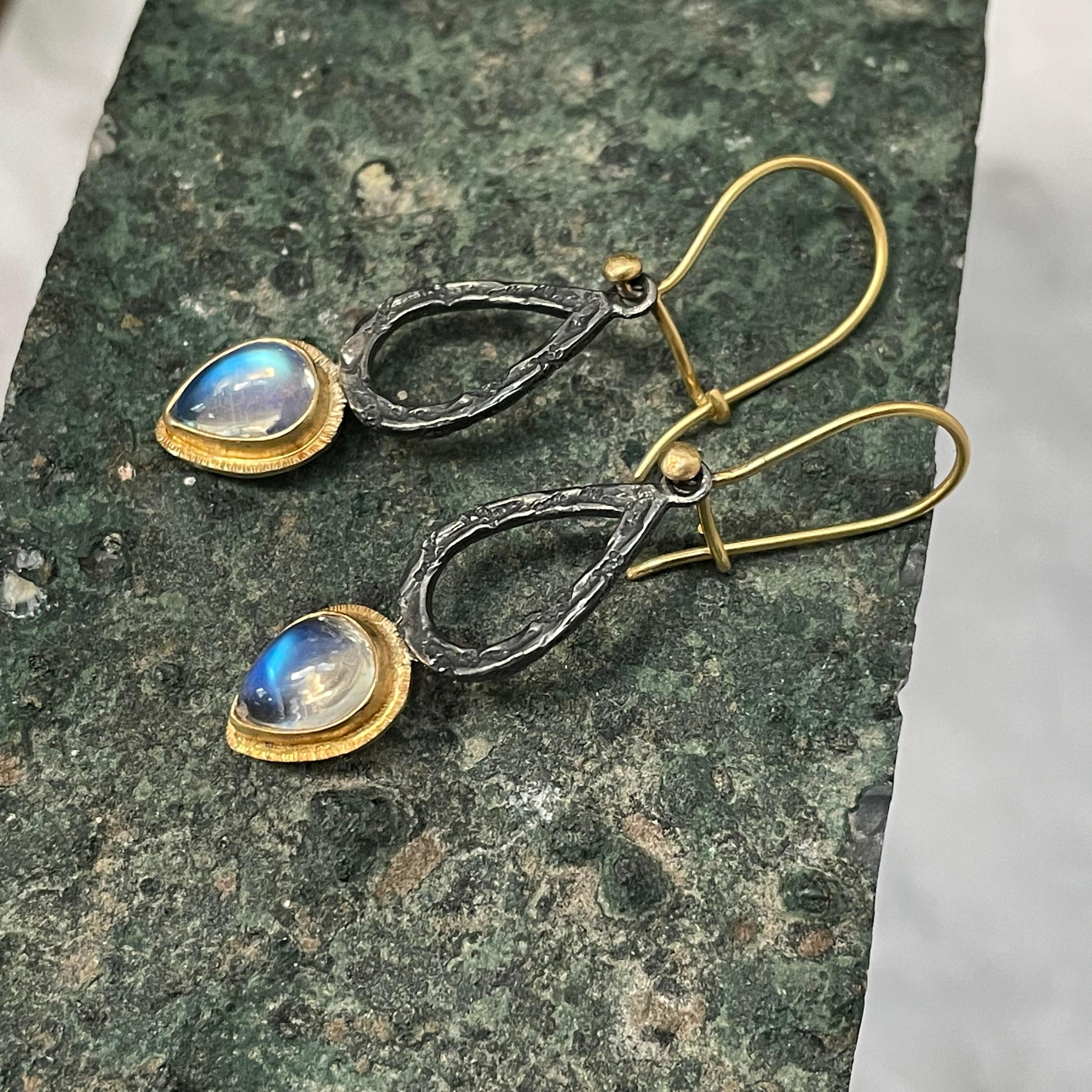 Pear Cut Steven Battelle 2.4 Carats Rainbow Moonstone Oxidized Silver 18k Gold Earrings For Sale