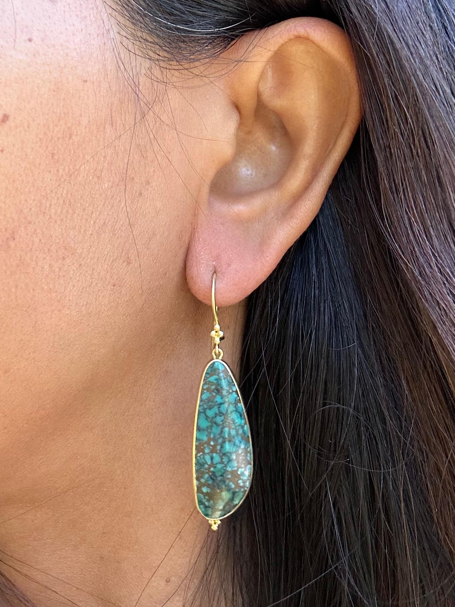 Cabochon Steven Battelle 24.1 Carats Variegated Turquoise 18K Gold Wire Earrings For Sale