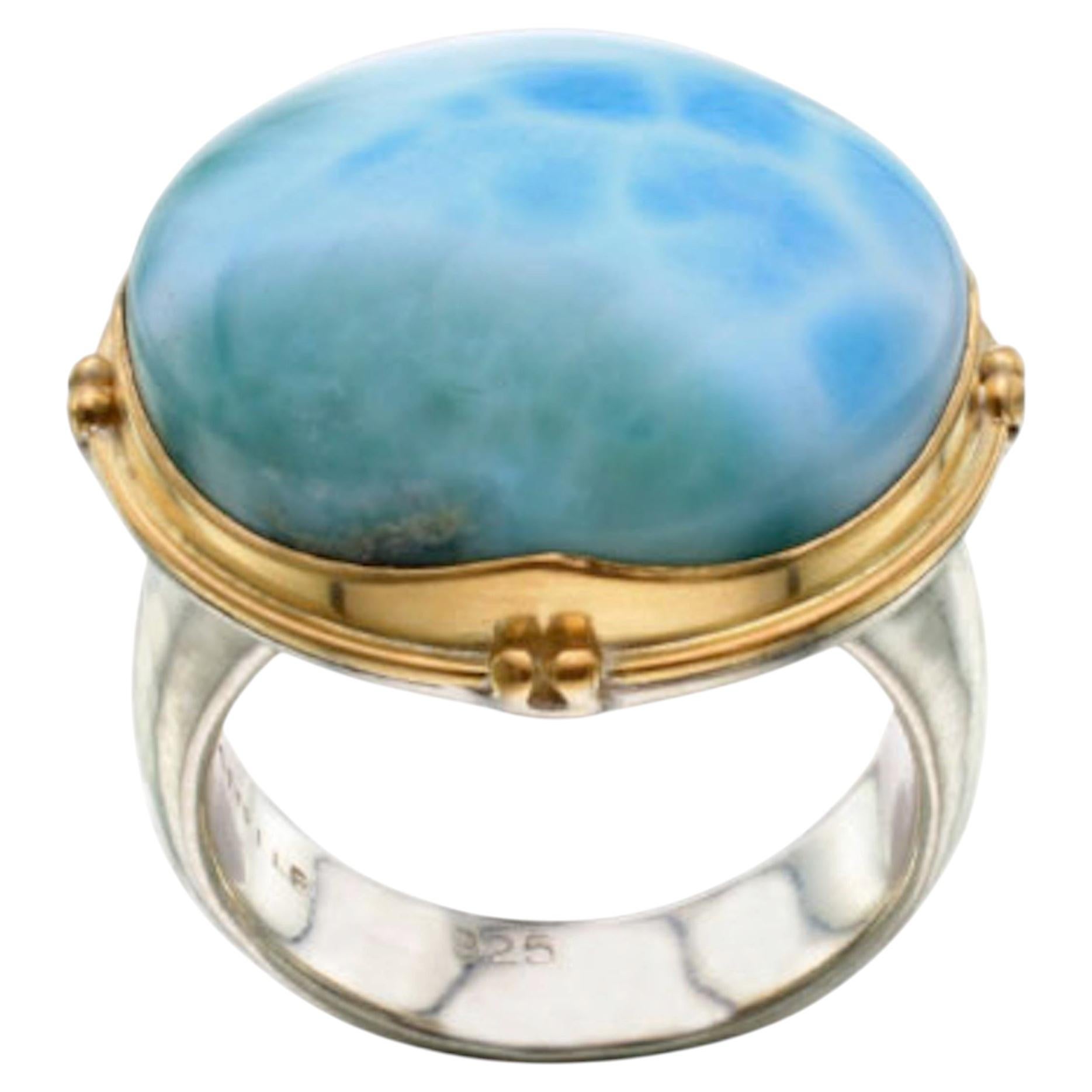 Steven Battelle 24.7 Carats Larimar Cabochon 18K Gold/Sterling Ring For Sale