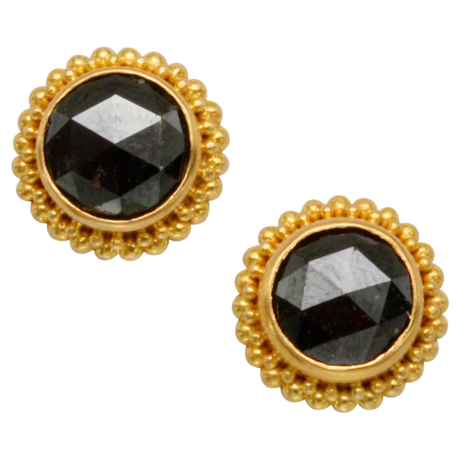 Steven Battelle 2.5 Carats Black Diamonds 22K Gold Post Earrings For Sale