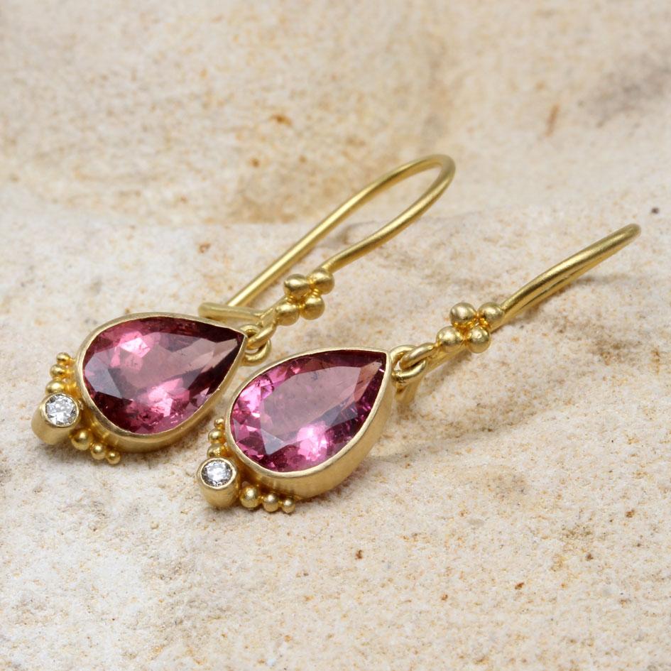 Steven Battelle 2.5 Carats Pink Tourmaline Diamonds 18K Gold Earrings In New Condition For Sale In Soquel, CA