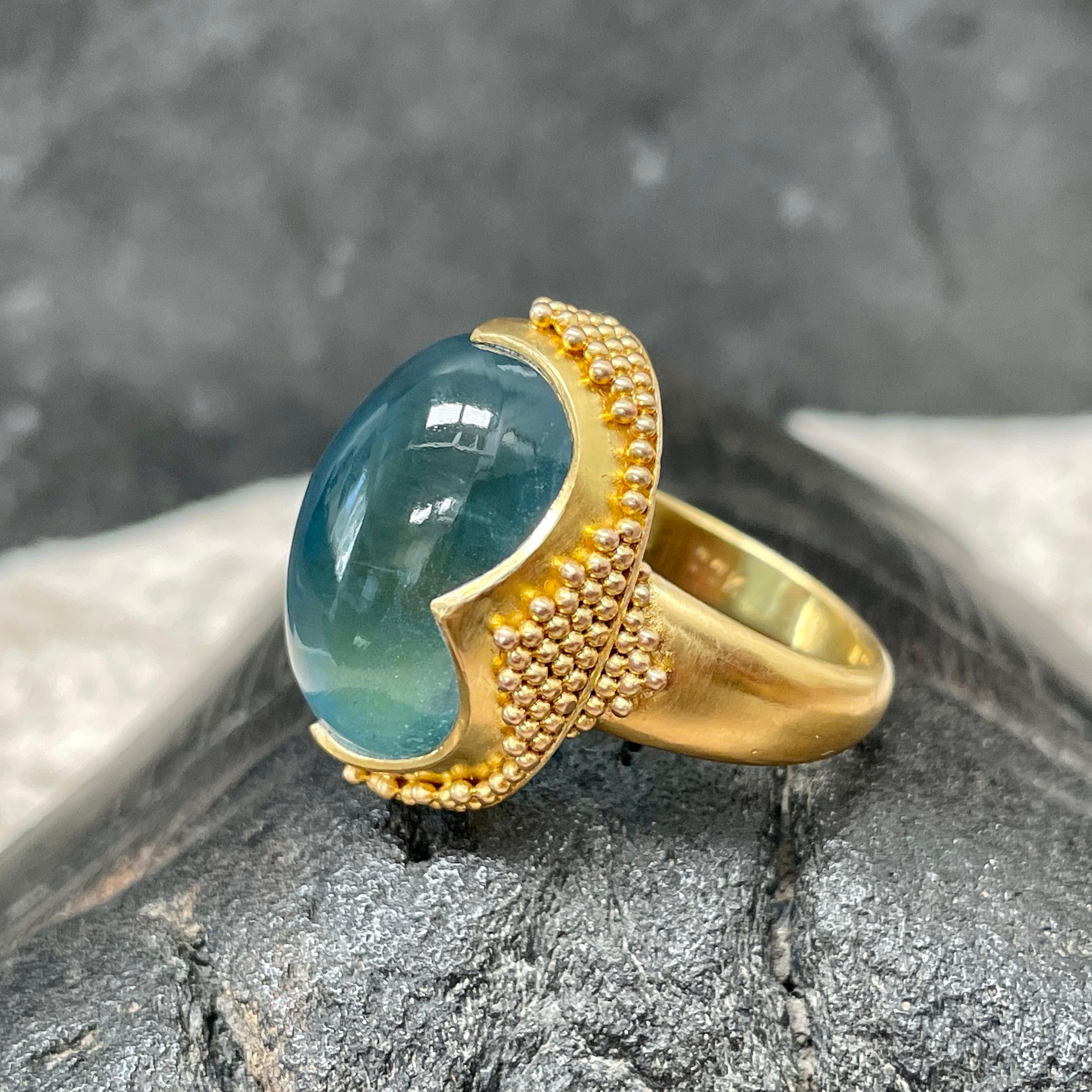 Steven Battelle 25.2 Carats Cabochon Aquamarine 22k Gold Ring In New Condition For Sale In Soquel, CA