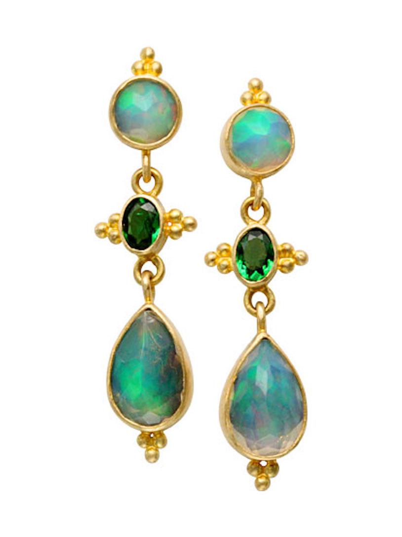 Contemporary Steven Battelle 2.6 Carats Ethiopian Opal Tsavorite 18K Gold Earrings