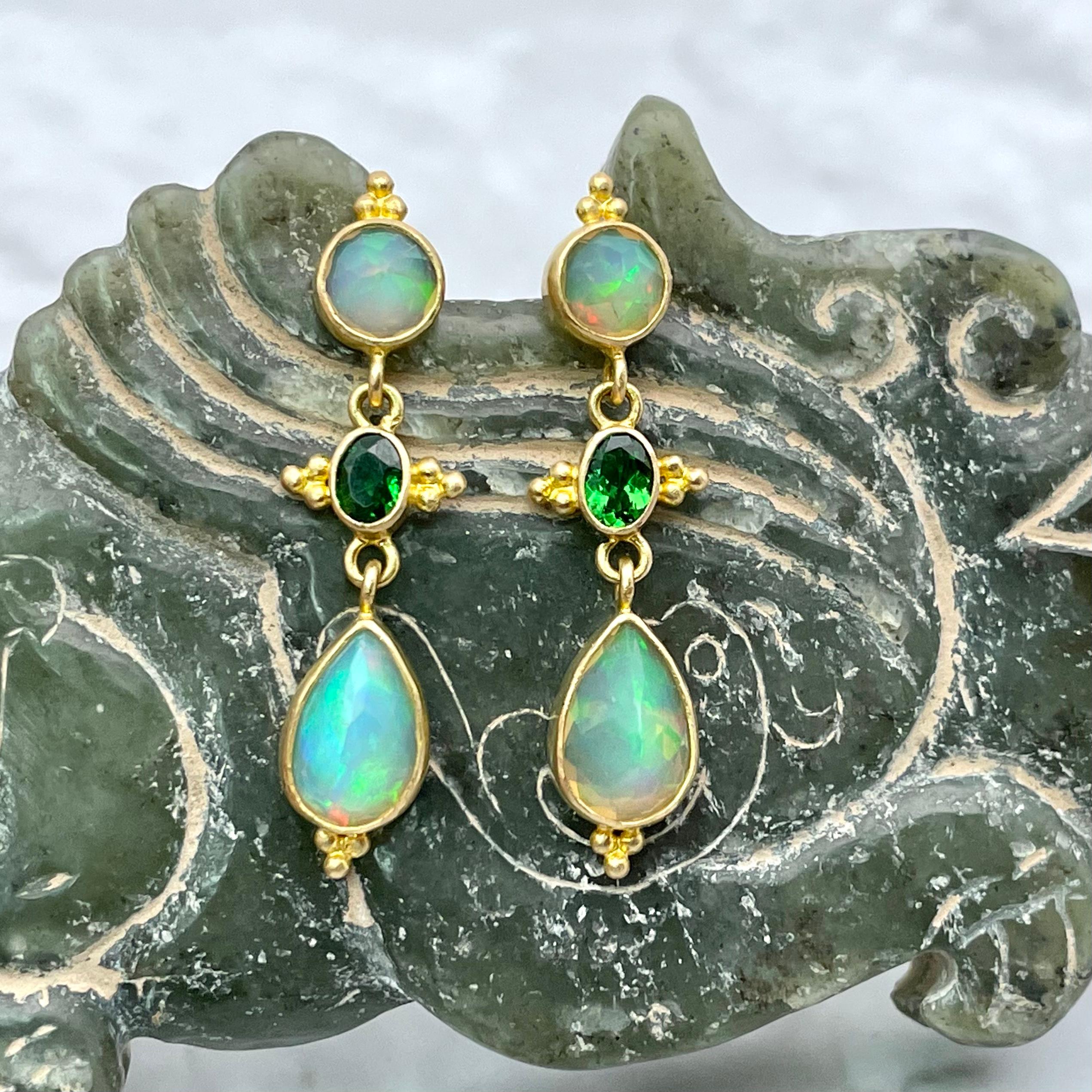 Mixed Cut Steven Battelle 2.6 Carats Ethiopian Opal Tsavorite 18K Gold Earrings