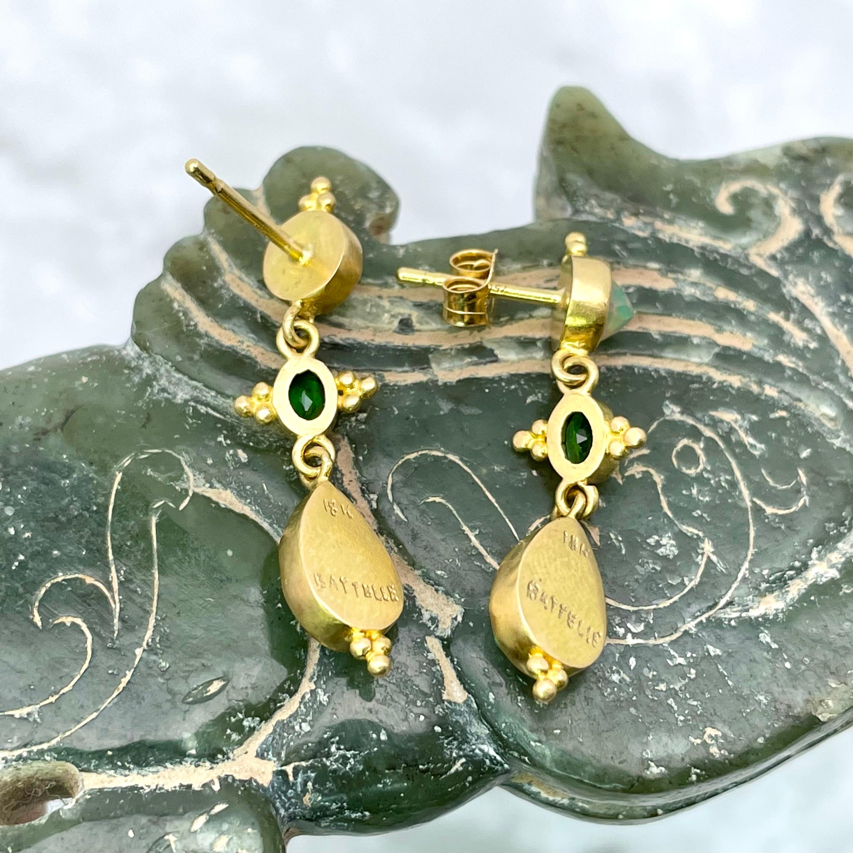 Steven Battelle 2.6 Carats Ethiopian Opal Tsavorite 18K Gold Earrings In New Condition In Soquel, CA