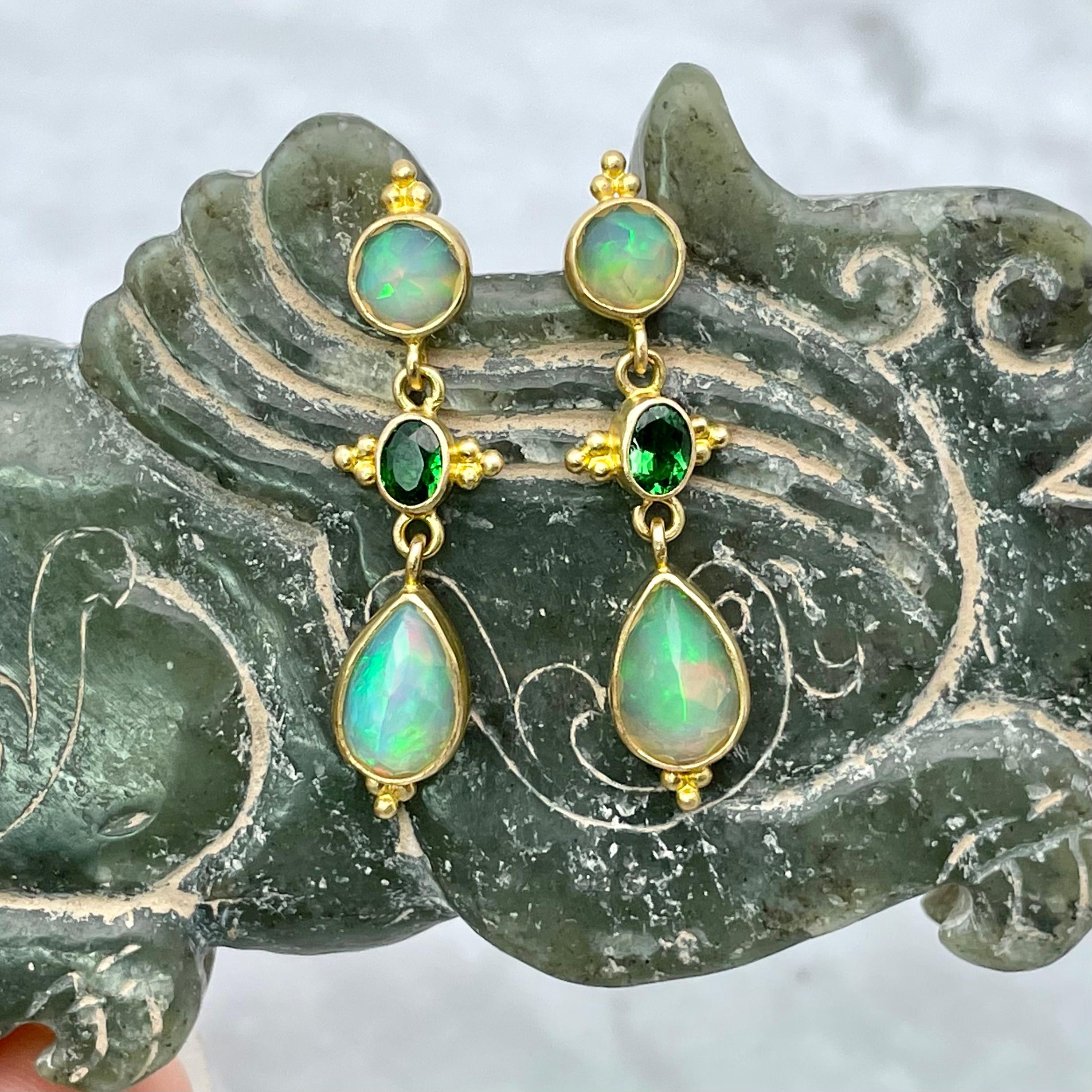 Women's or Men's Steven Battelle 2.6 Carats Ethiopian Opal Tsavorite 18K Gold Earrings