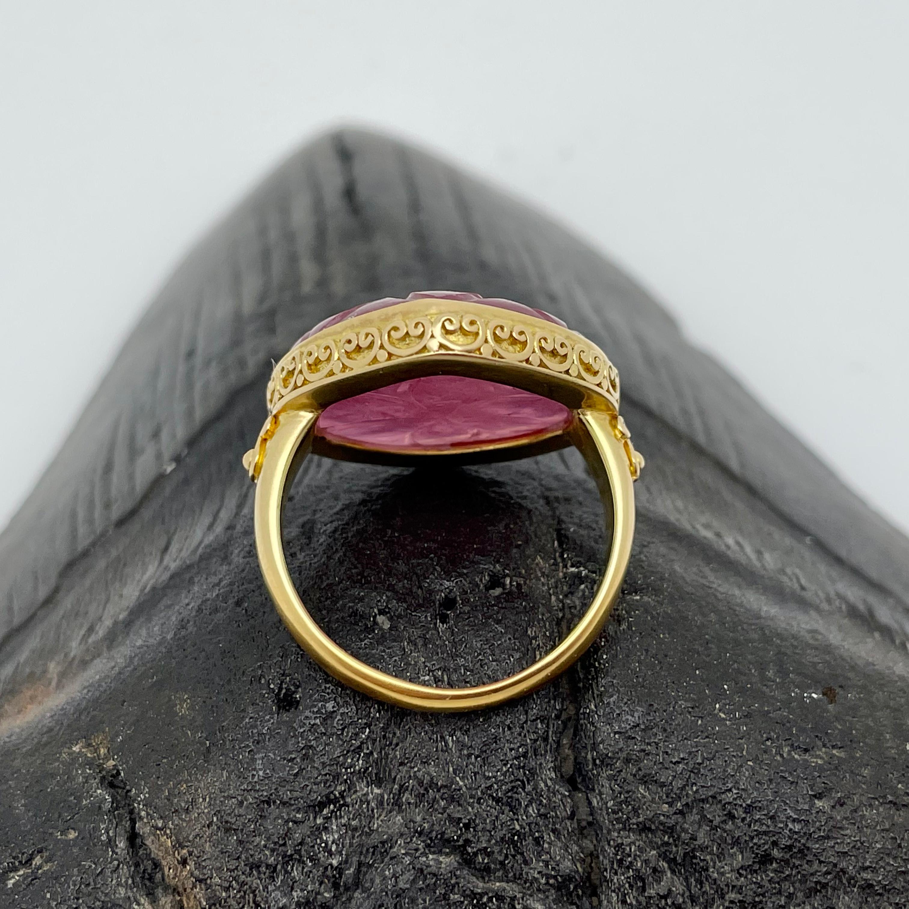 Pear Cut Steven Battelle 26.3 Carved Ruby Cabochon 18K Gold Ring