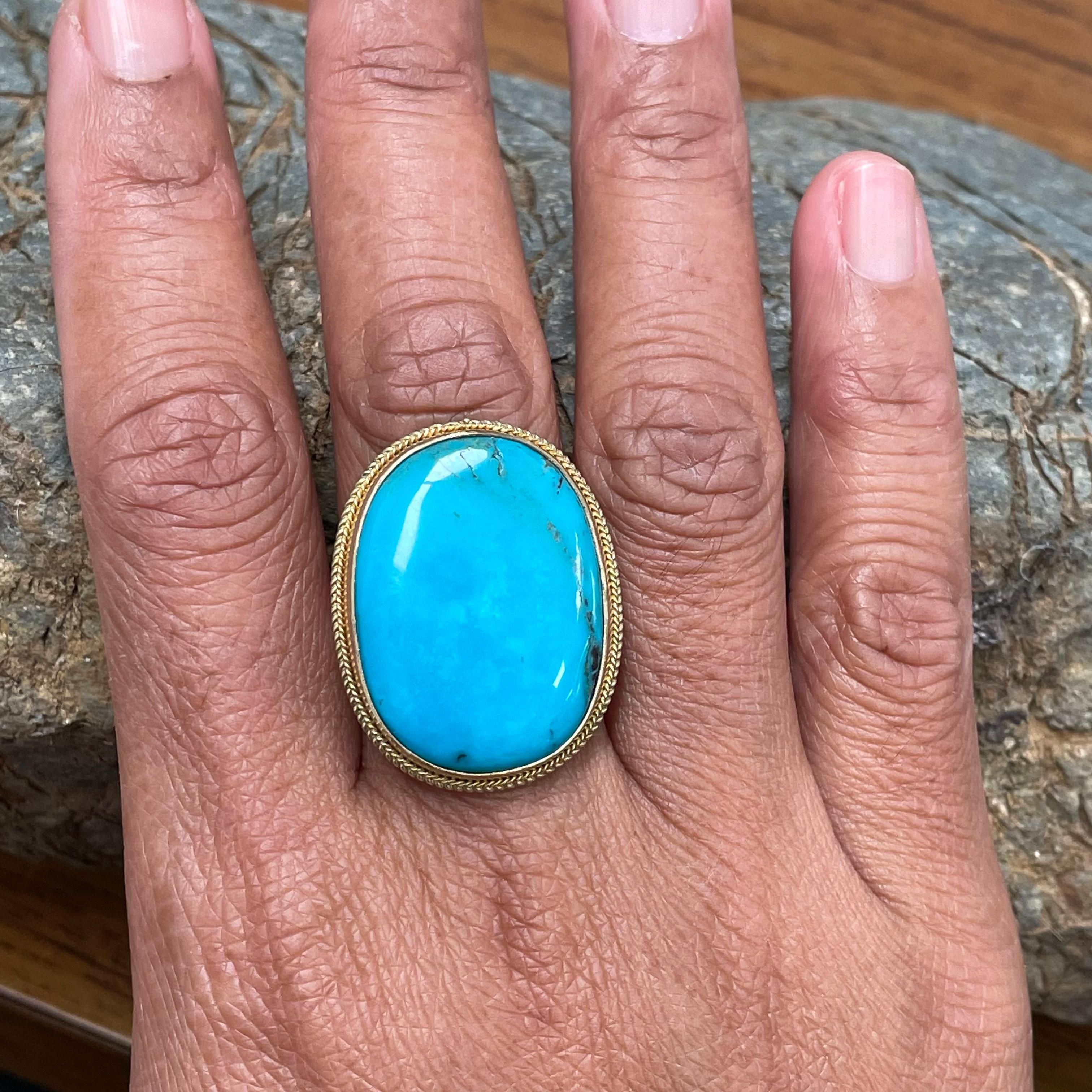 Oval Cut 26.5 Carats Turquoise Silver and 18K Gold Ring