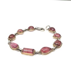 Steven Battelle 26.7 Carats Pink Tourmaline 18K Gold Bezel Silver Bracelet