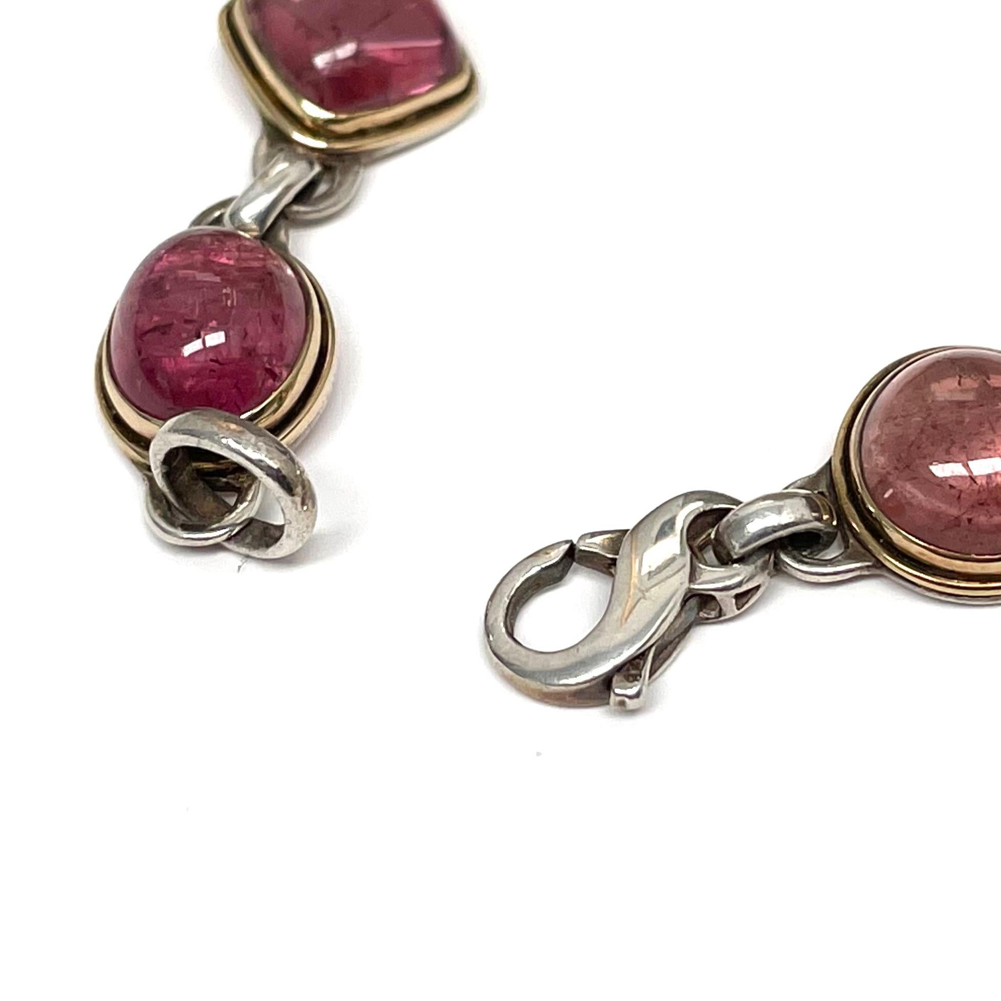 Cabochon Steven Battelle 26.7 Carats Pink Tourmaline 18K Gold Bezel Silver Bracelet For Sale