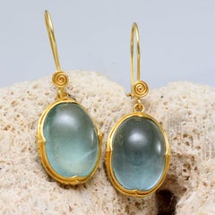 Steven Battelle 27.1 Carats Aquamarine Cabochon 18K Gold Wire Earrings