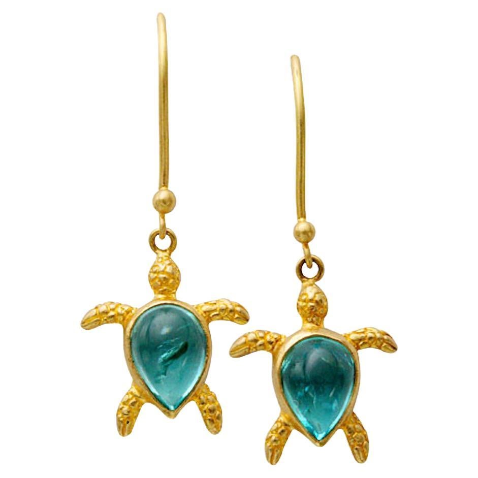 Steven Battelle 2.8 Carats Apatite Sea Turtle 18K Gold Drop Earrings For Sale