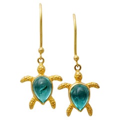 Steven Battelle 2.8 Carats Apatite Sea Turtle 18K Gold Drop Earrings