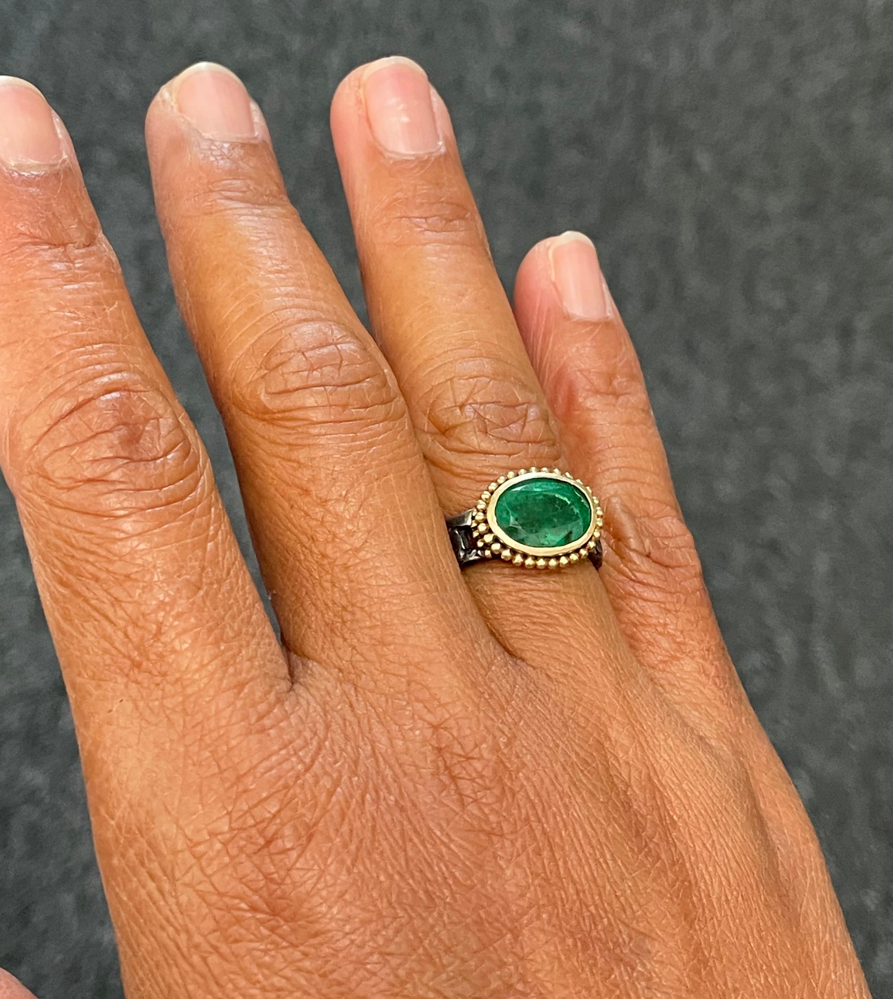 Steven Battelle 2.8 Carats Emerald Oxidized Silver 18K Gold Ring For Sale 9