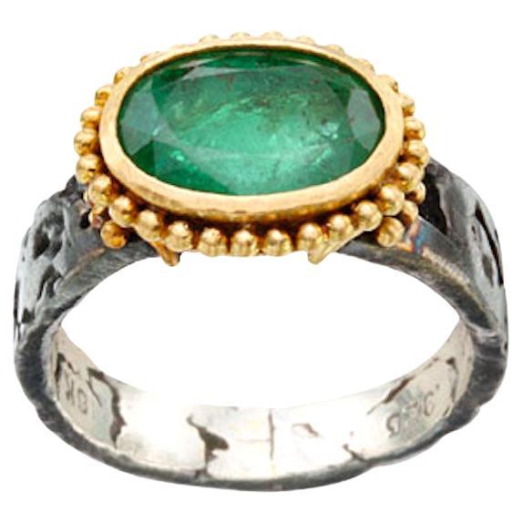 Steven Battelle 2.8 Carats Emerald Oxidized Silver 18K Gold Ring For Sale