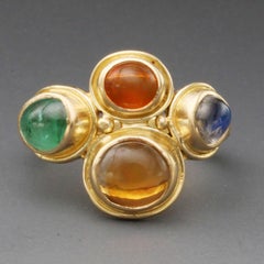 Steven Battelle 2.9 Carats Fire Opal Emerald Rainbow Moonstone 18K Gold Ring