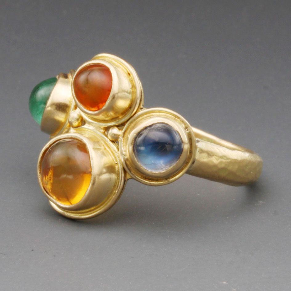 Contemporary Steven Battelle 2.9 Carats Fire Opal Emerald Rainbow Moonstone 18K Gold Ring For Sale