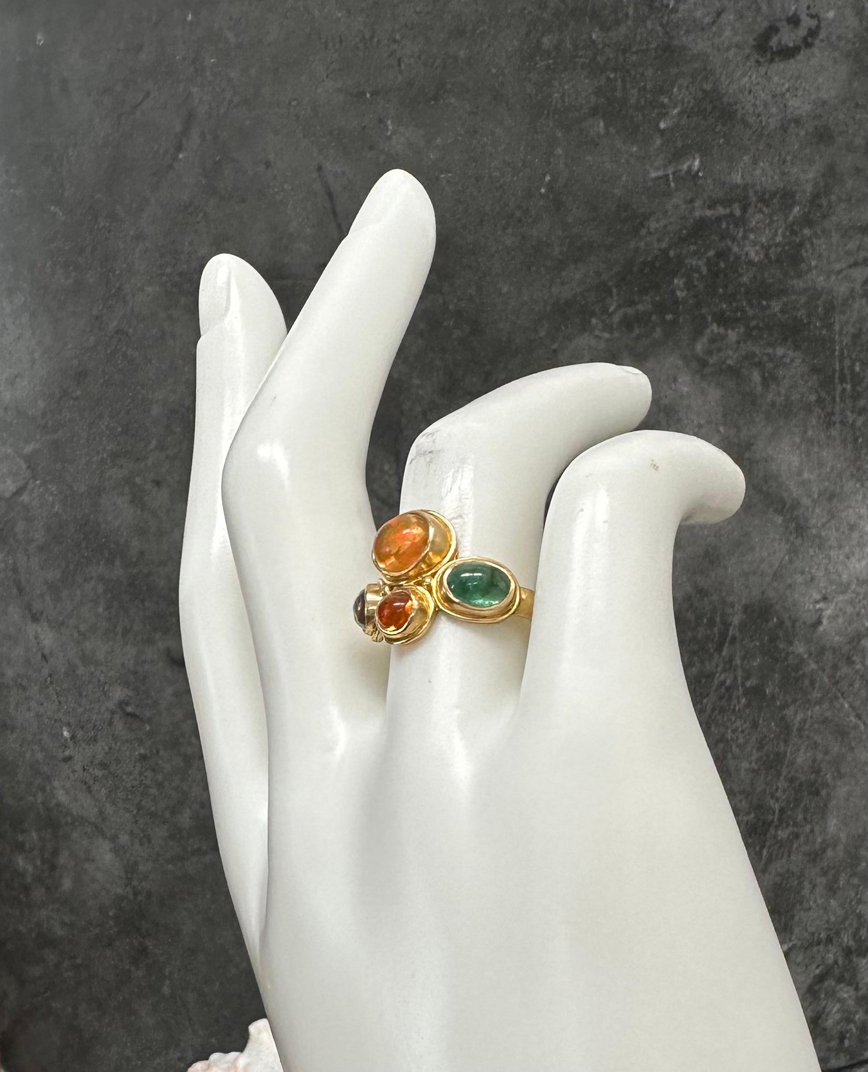 Steven Battelle 2.9 Carats Fire Opal Emerald Rainbow Moonstone 18K Gold Ring In New Condition For Sale In Soquel, CA