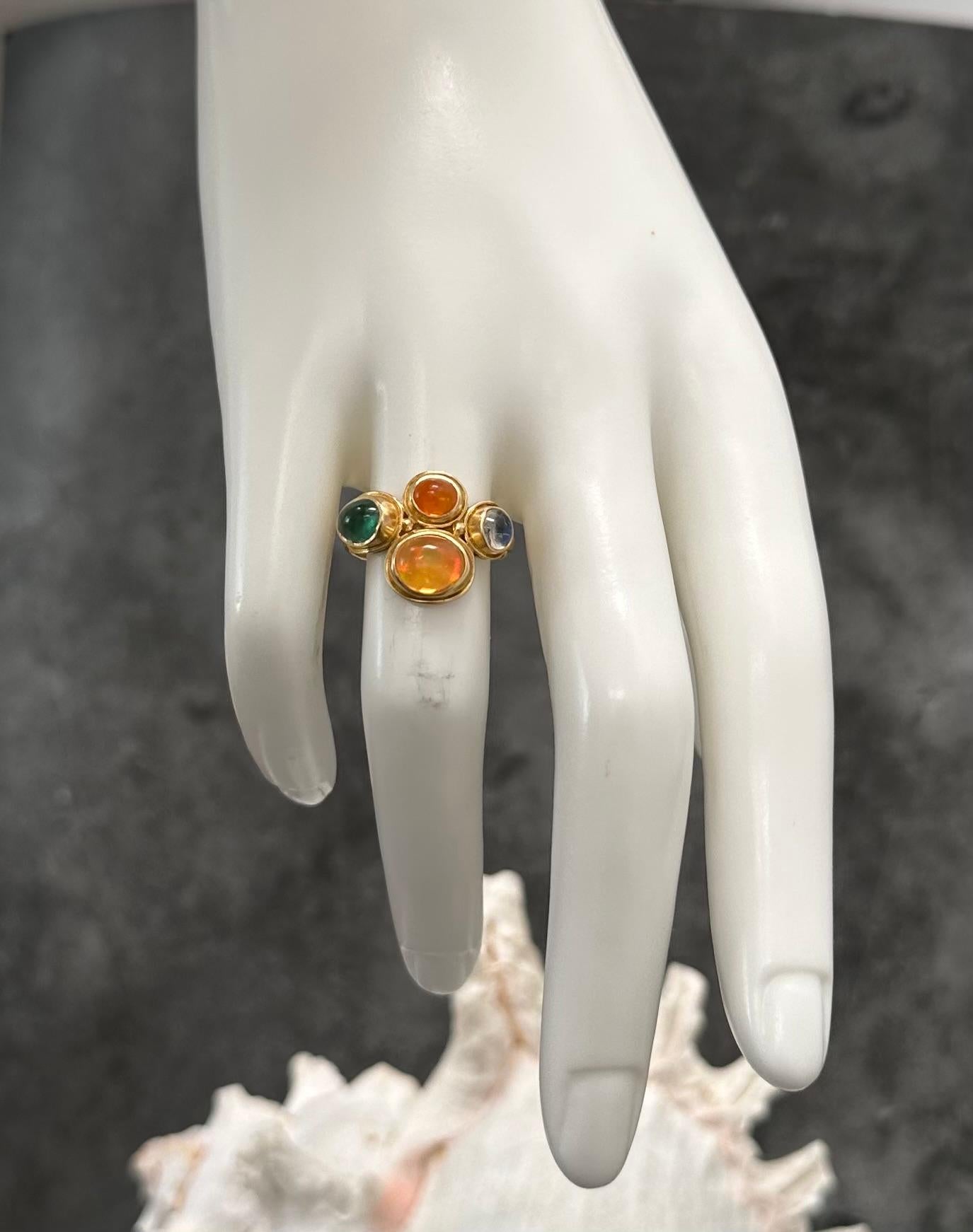 Steven Battelle 2.9 Carats Fire Opal Emerald Rainbow Moonstone 18K Gold Ring For Sale 1
