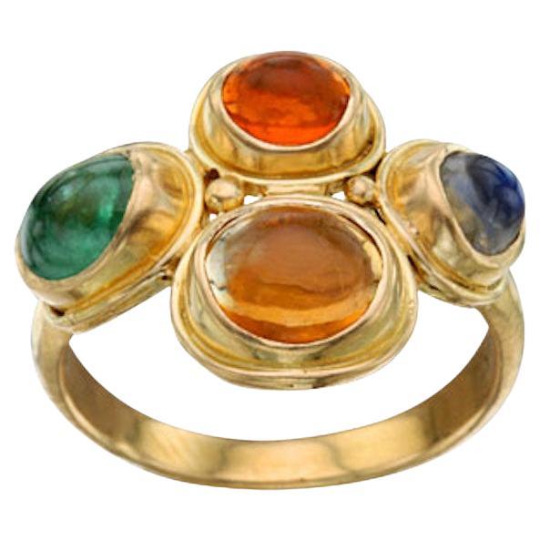 Steven Battelle 2.9 Carats Fire Opal Emerald Rainbow Moonstone 18K Gold Ring For Sale
