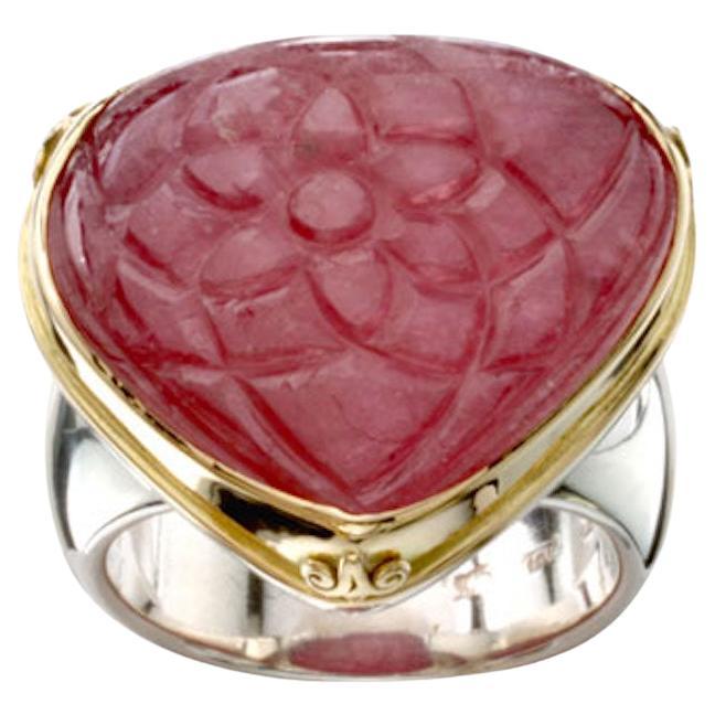 Steven Battelle 29.3 Carats Carved Ruby Sterling Silver/18K Gold Ring For Sale