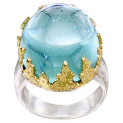 Steven Battelle 29.4 Carats Cabochon Aquamarine Silver and 18K Gold Ring