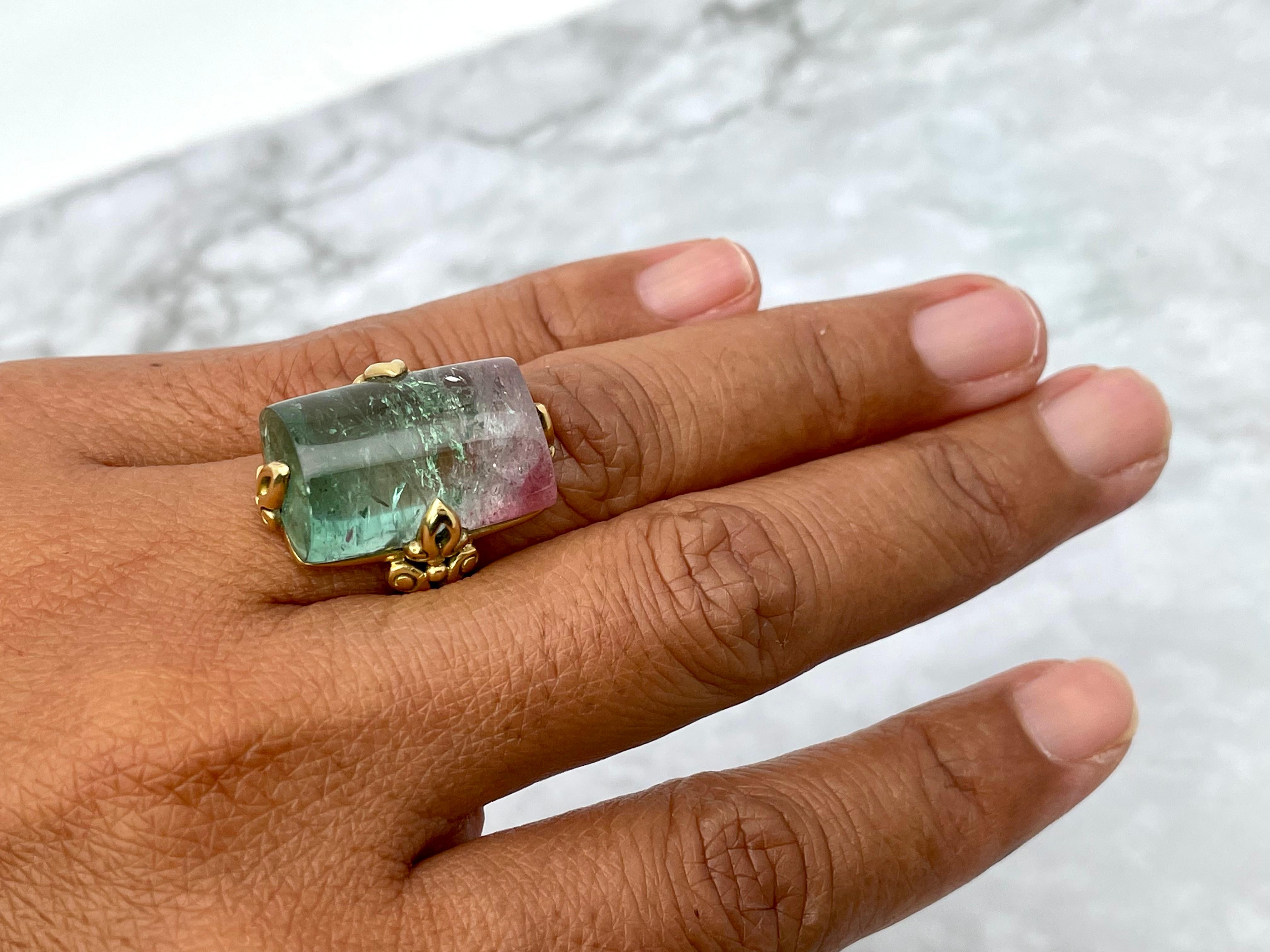 Steven Battelle 29.8 Carats Watermelon Tourmaline 18K Gold Ring In New Condition In Soquel, CA