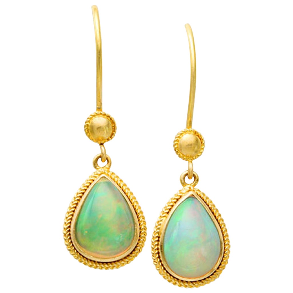 Steven Battelle 3 Carat Ethiopian Opal 18K Gold Wire Ornate Earrings