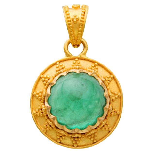 Steven Battelle 3.0 Carats Cabochon Emerald 22K Gold Pendant For Sale