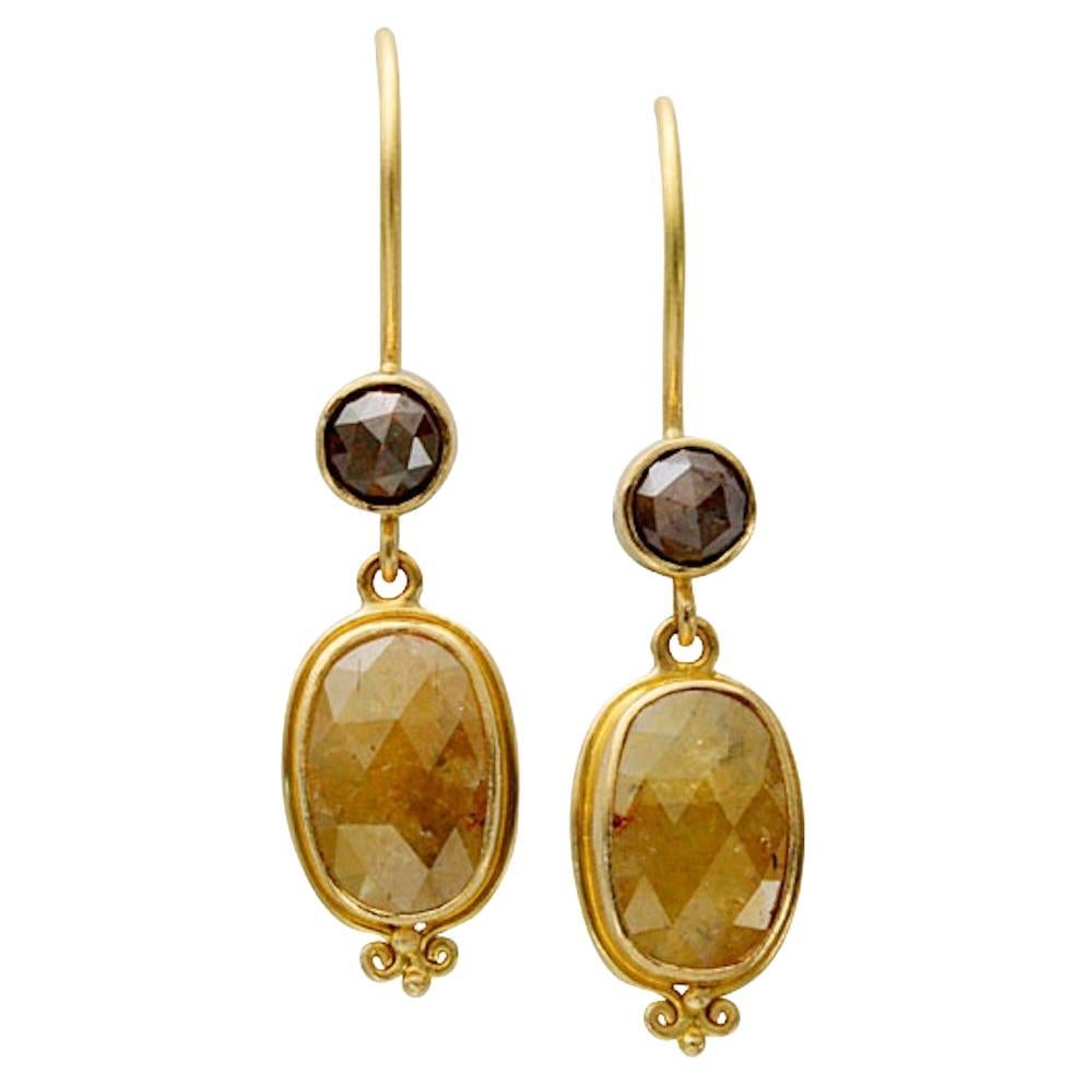 Boucles d'oreilles en fil d'or 18K avec diamants jaunes et bruns de 3,0 carats