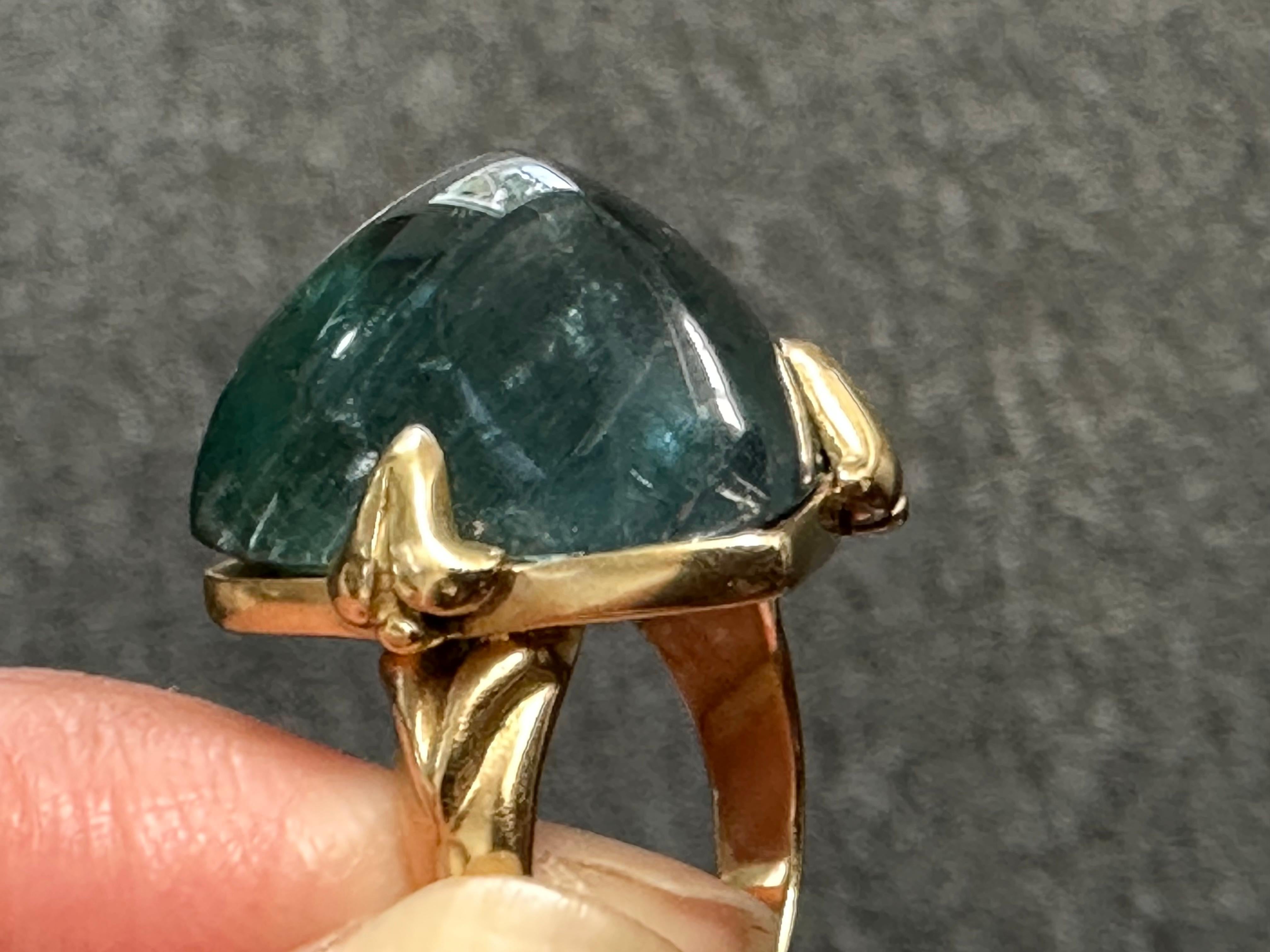 Trillion Cut Steven Battelle 30.2 Carats Blue-Green Indicolite Tourmaline 18k Gold Ring For Sale