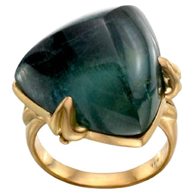 Steven Battelle 30.2 Carats Blue-Green Indicolite Tourmaline 18k Gold Ring For Sale