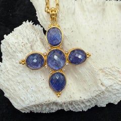 Steven Battelle 31.1 Carats Tanzanite Diamonds 22K Gold Cross Pendant