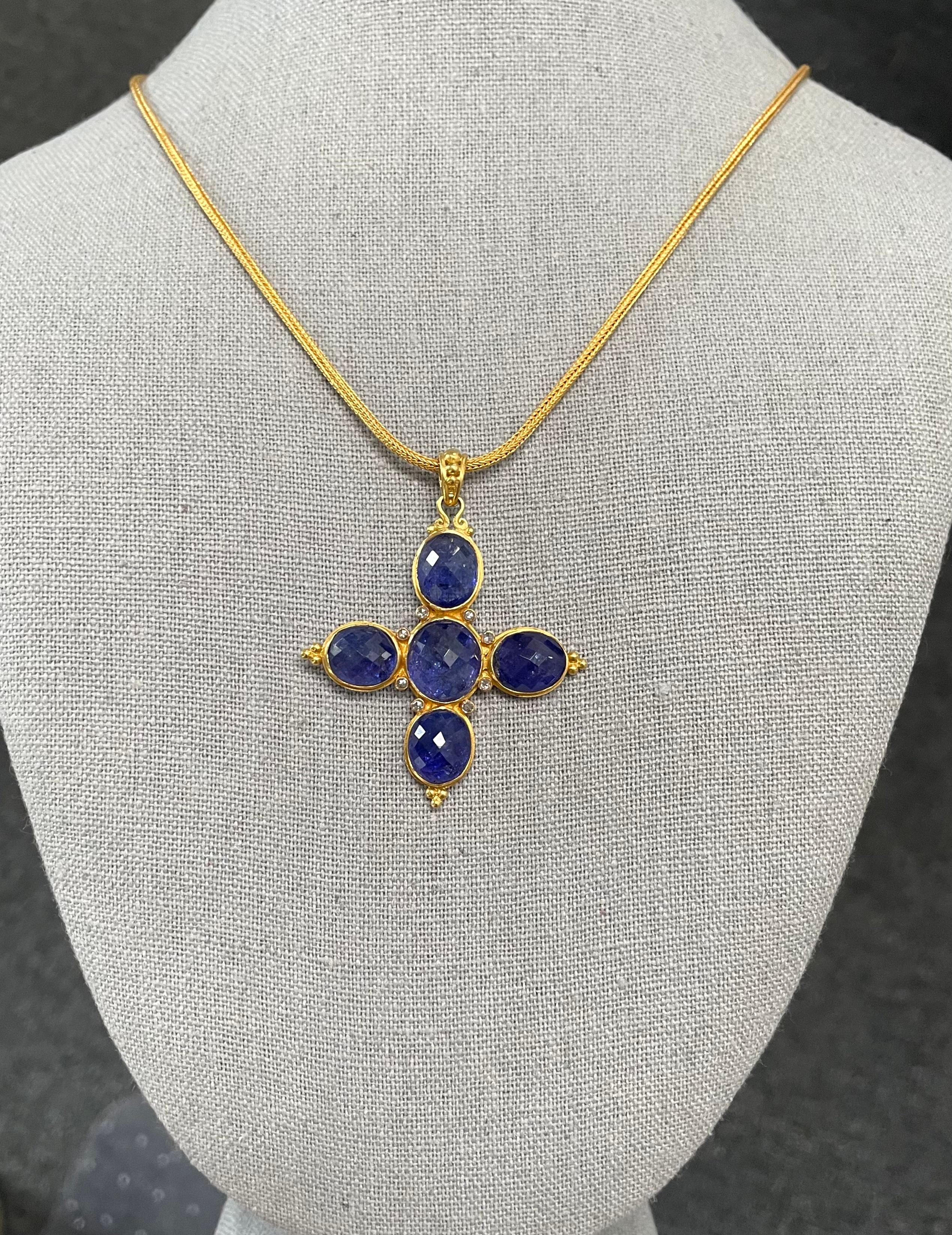 Steven Battelle 31.1 Carats Tanzanite Diamonds 22k Gold Cross Pendant For Sale 1