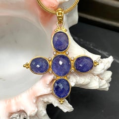 Steven Battelle 31.1 Carats Tanzanite Diamonds 22K Gold Cross Pendant