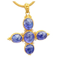 Steven Battelle 31.1 Carats Tanzanite Diamonds 22K Gold Cross Pendant