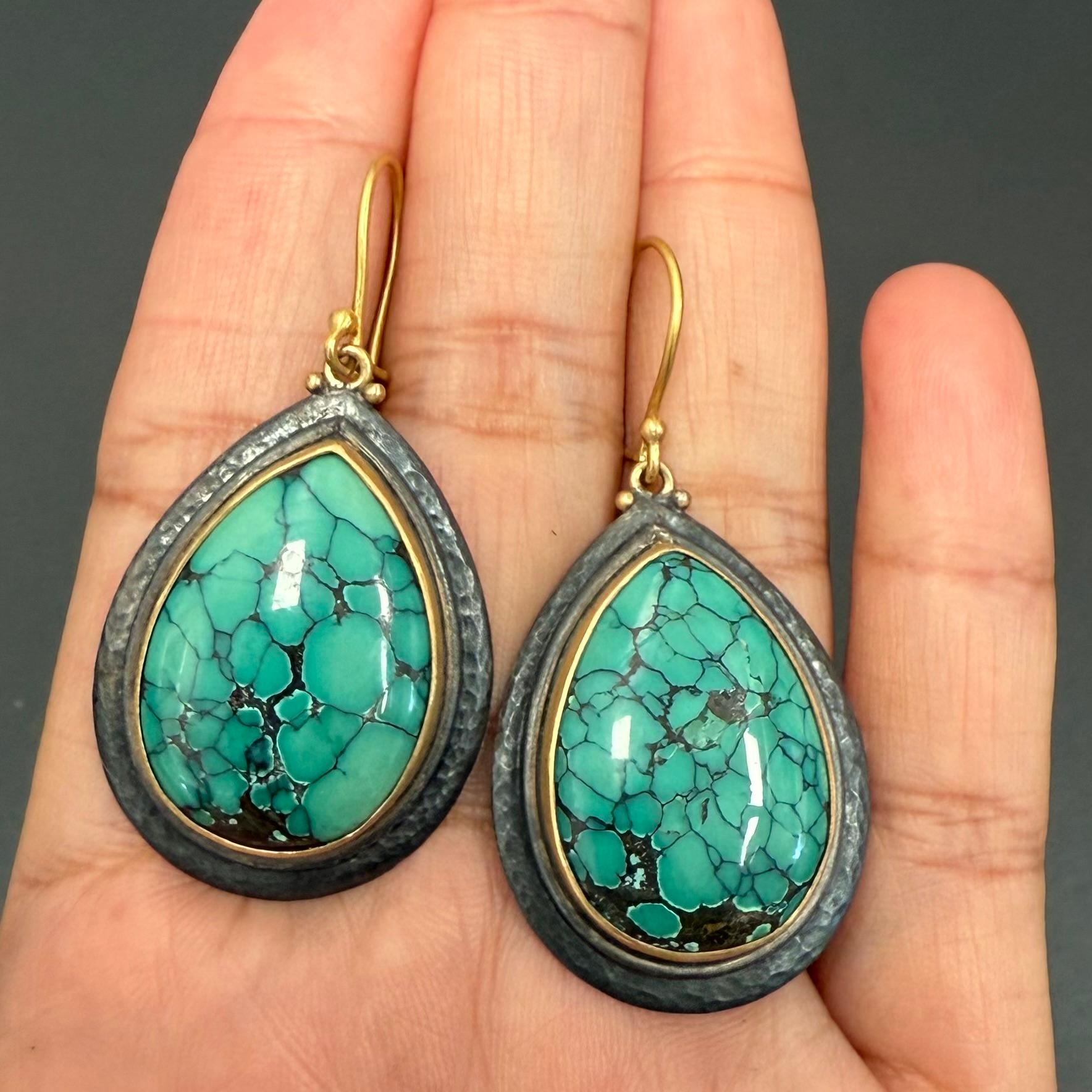 Steven Battelle 31.8 Carats Large Turquoise Sterling 18K Gold Wire Earrings For Sale 4