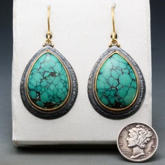 Steven Battelle 31.8 Carats Large Turquoise Sterling 18K Gold Wire Earrings